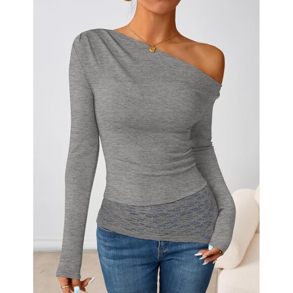 Women's Grey Long Sleeve Off Shoulder Tops Casual Boat Neck Lace Shirts Blouses - Picture 4 of 5